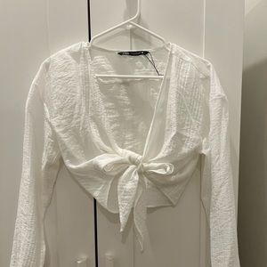 ZARA sheer white long sleeved tie crop top